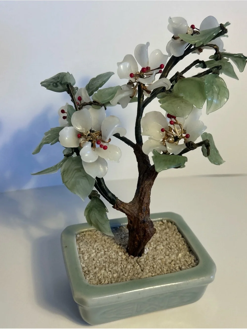 White Jade Blossom Bonsai in Pale Green Planter - Brand Unknown